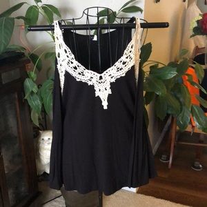 Black macrame accented cold shoulder top